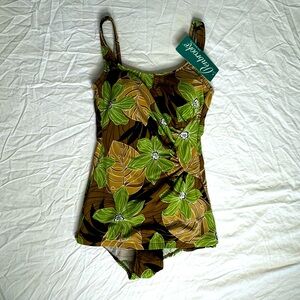 Penbrooke 52384 Green and Brown Floral Womens One Piece Swimsuit Size 14 /Medium